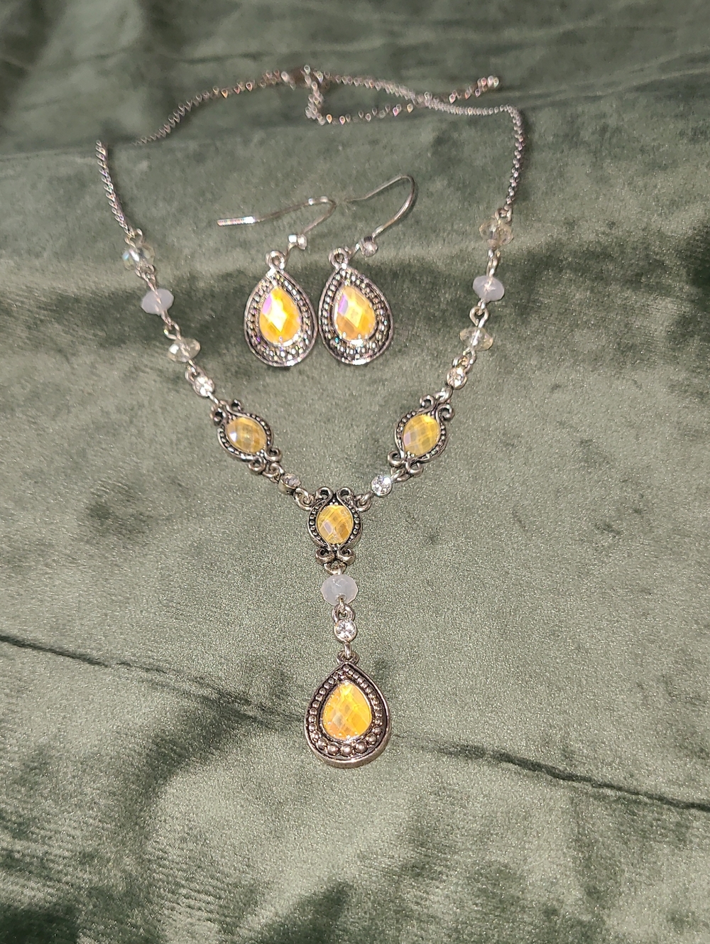Vintage Signed Avon SH Yellow AB Crystal Teardrop Necklace & Earrings Set